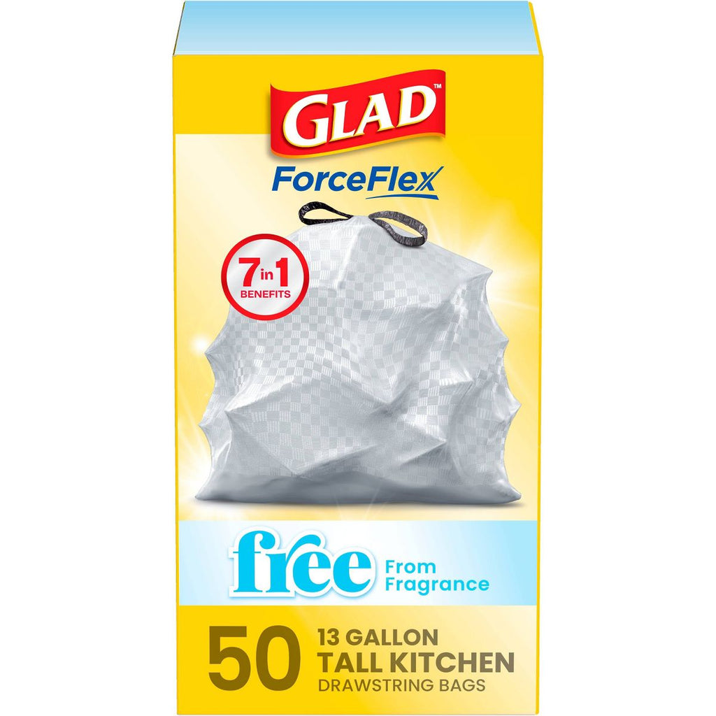 Glad 13 Gallon ForceFlex Drawstring Trash Bags, 50 Count, Unscented
