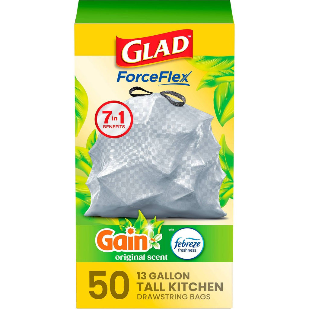 Glad 13 Gallon Drawstring Tall Kitchen Trash Bags, 50 Count, Gain Original, Febreze