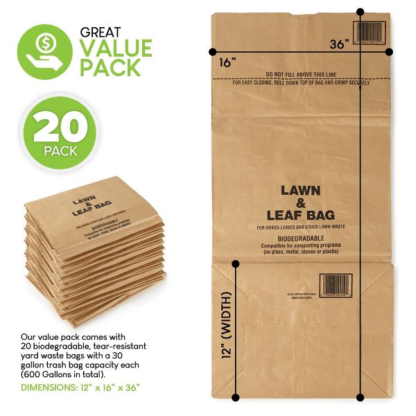 Stock Your Home 30 Gallon Heavy-Duty Paper Lawn and Leaf Bags, 20 Count, Brown