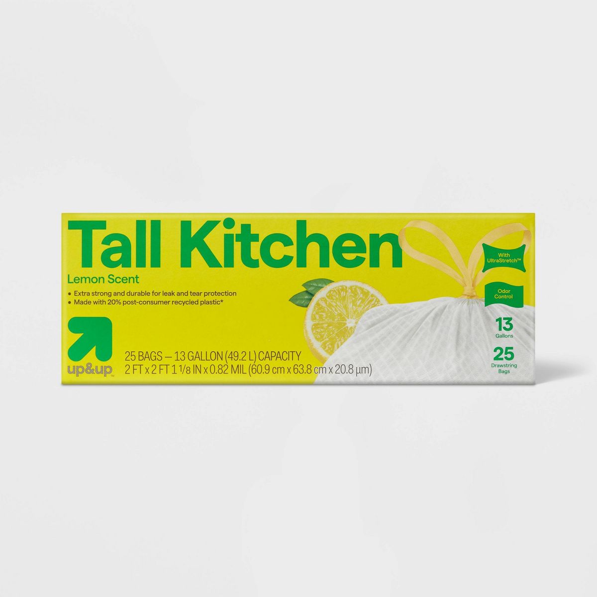 up&up 13 Gallon Drawstring Tall Kitchen Trash Bags, 25 Count, Lemon