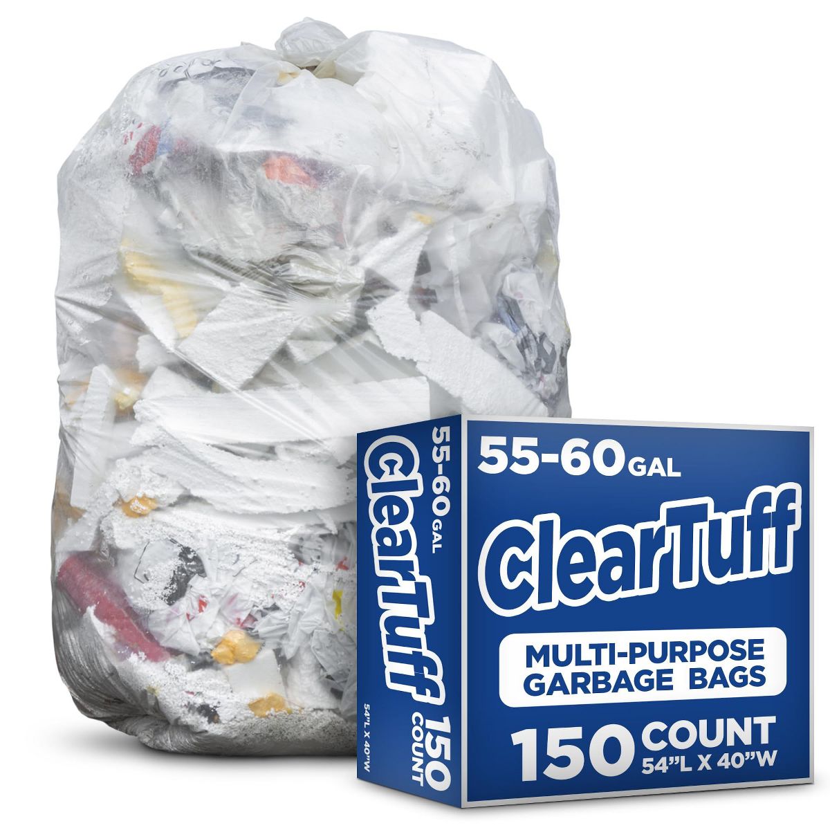 55-60 Gallon Multi-Purpose Trash Bags, 150 Count, Clear