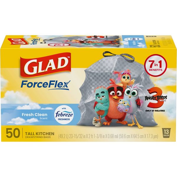 Glad 13 Gallon Drawstring Tall Kitchen Trash Bags, 50 Count, Fresh Clean, Gray, Febreze