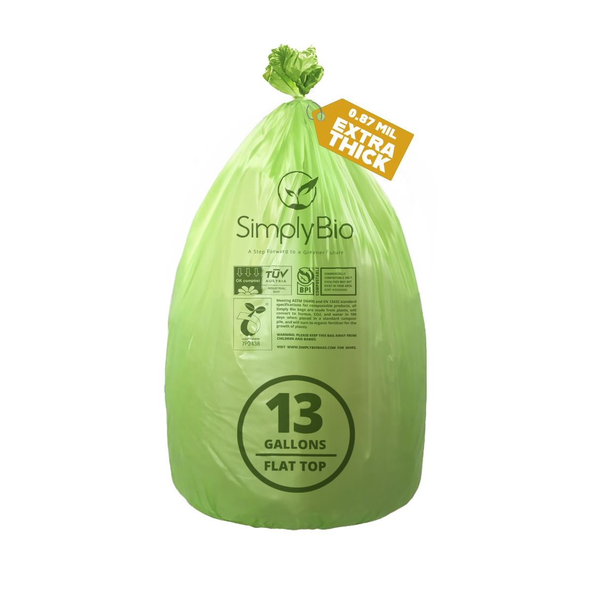 Simply Bio 13 Gallon / 49.21 L Flat-Top Compostable Trash Bags, 50 Count, 0.87 mil