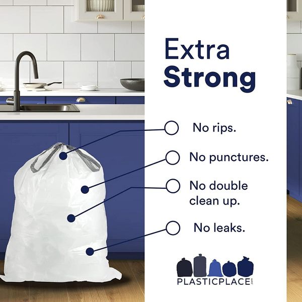 Plasticplace 10-10.5 Gallon / 38-40 L Drawstring Trash Bags, Compatible with simplehuman Code J, White, 21 x 28 in