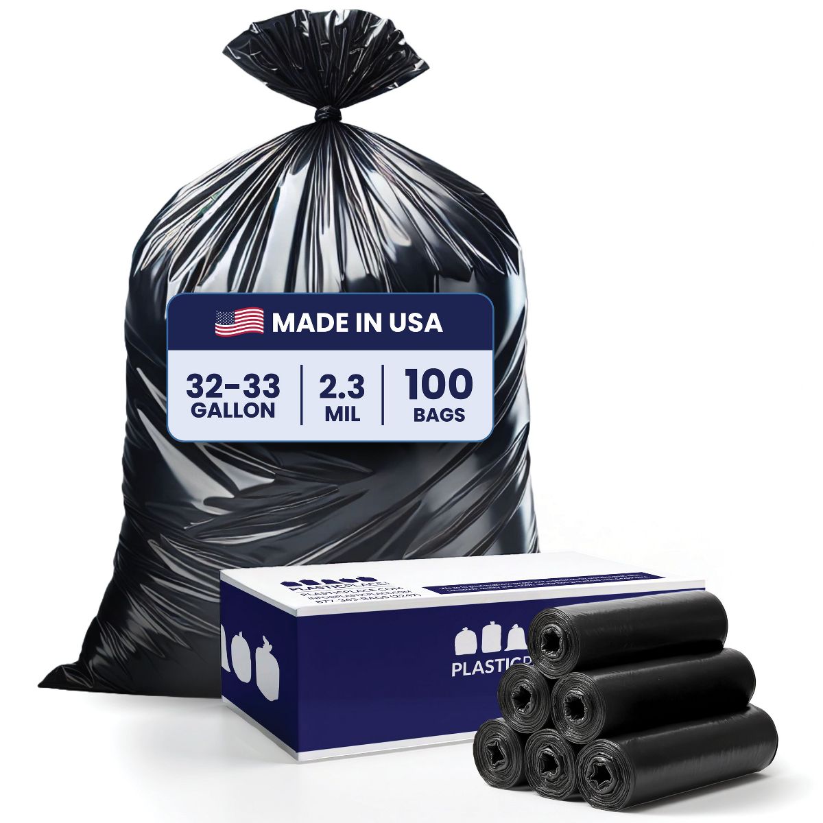 Plasticplace 32-33 Gallon Trash Bags, 100 Count, Black, 33 x 39 in, 2.3 mil