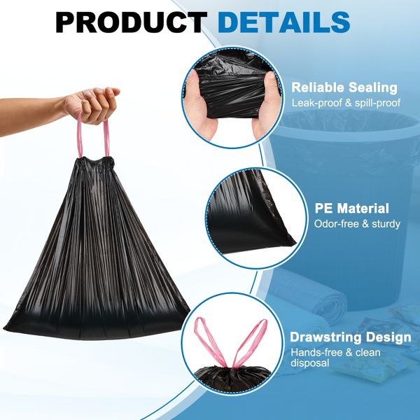 Unique Bargains Drawstring Bathroom Trash Bags, 160 Count, Unscented, Black, Easy-Dispense