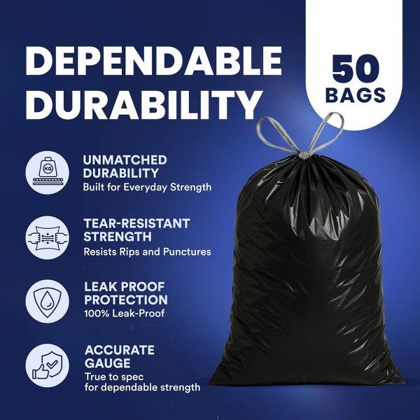 Plasticplace 13 Gallon Drawstring Trash Bags, 50 Count, Black, 24 x 31 in, 1.2 mil
