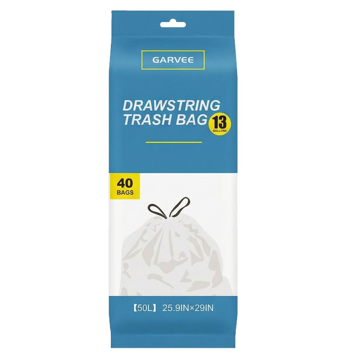50 L / 13 Gallon Drawstring Heavy-Duty High-Density Tall Kitchen Trash Bags, 40 Count, HDPE, 26 x 29 in