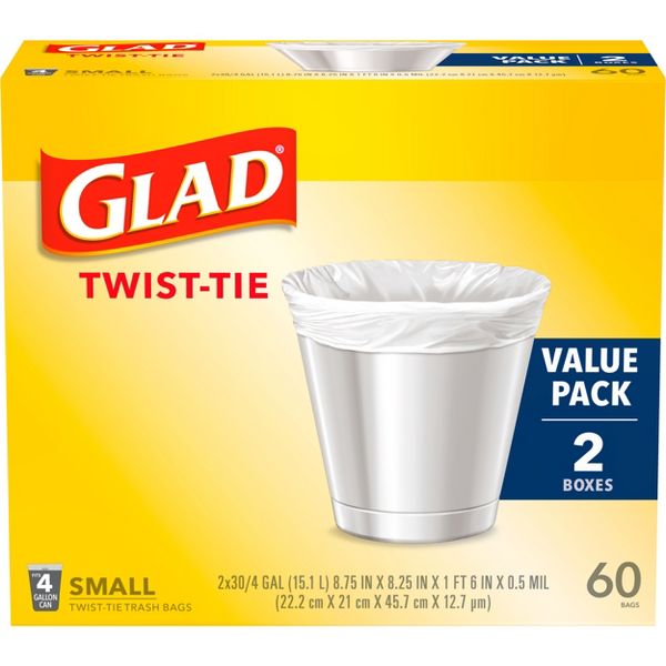 Glad 4 Gallon Twist-Tie Small Trash Bags, 60 Count, White
