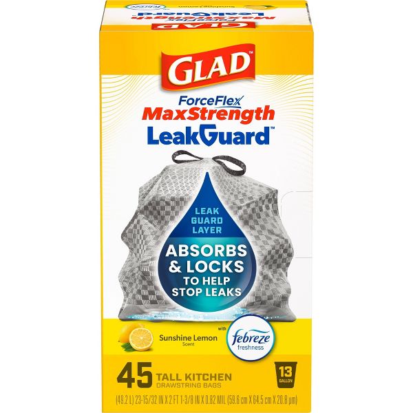 Glad 13 Gallon ForceFlex MaxStrength Drawstring Trash Bags, 45 Count, Sunshine Lemon