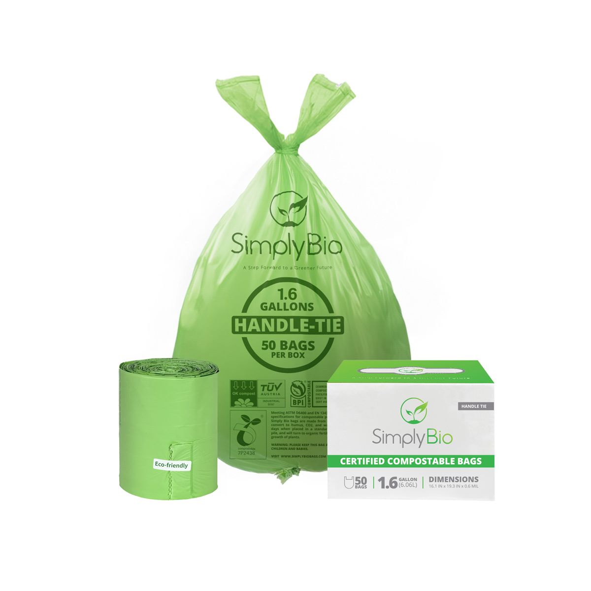 Simply Bio 1.6 Gallon / 6.06 L Drawstring Heavy-Duty Compostable Trash Bags, 50 Count, 0.6 mil