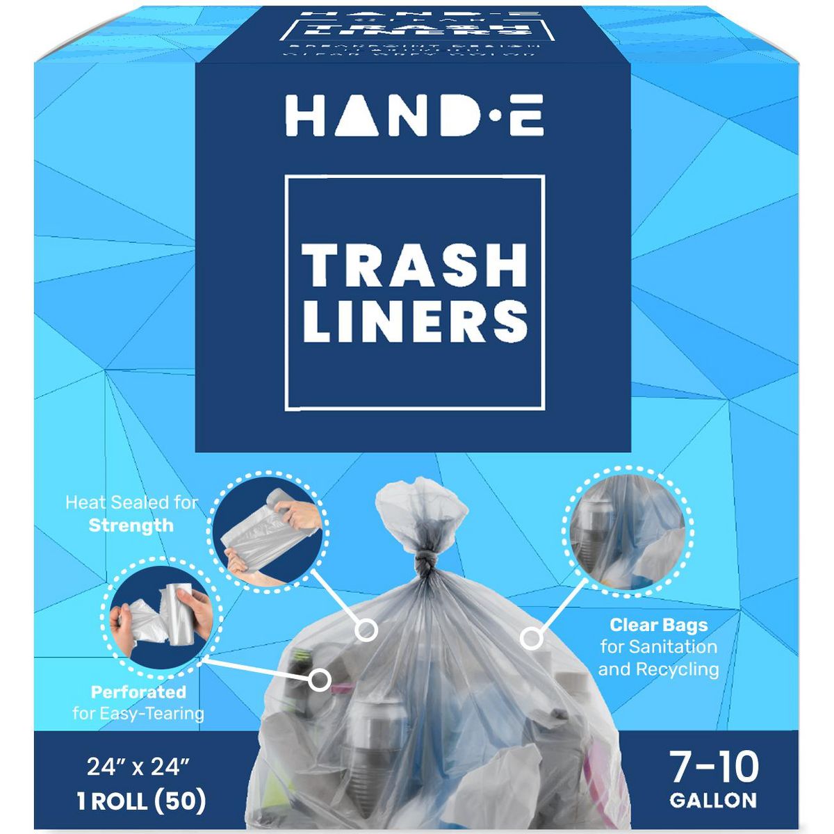 Hand-E 7-10 Gallon Large Trash Bags, 50 Count, Gray, Clear, 22 microns