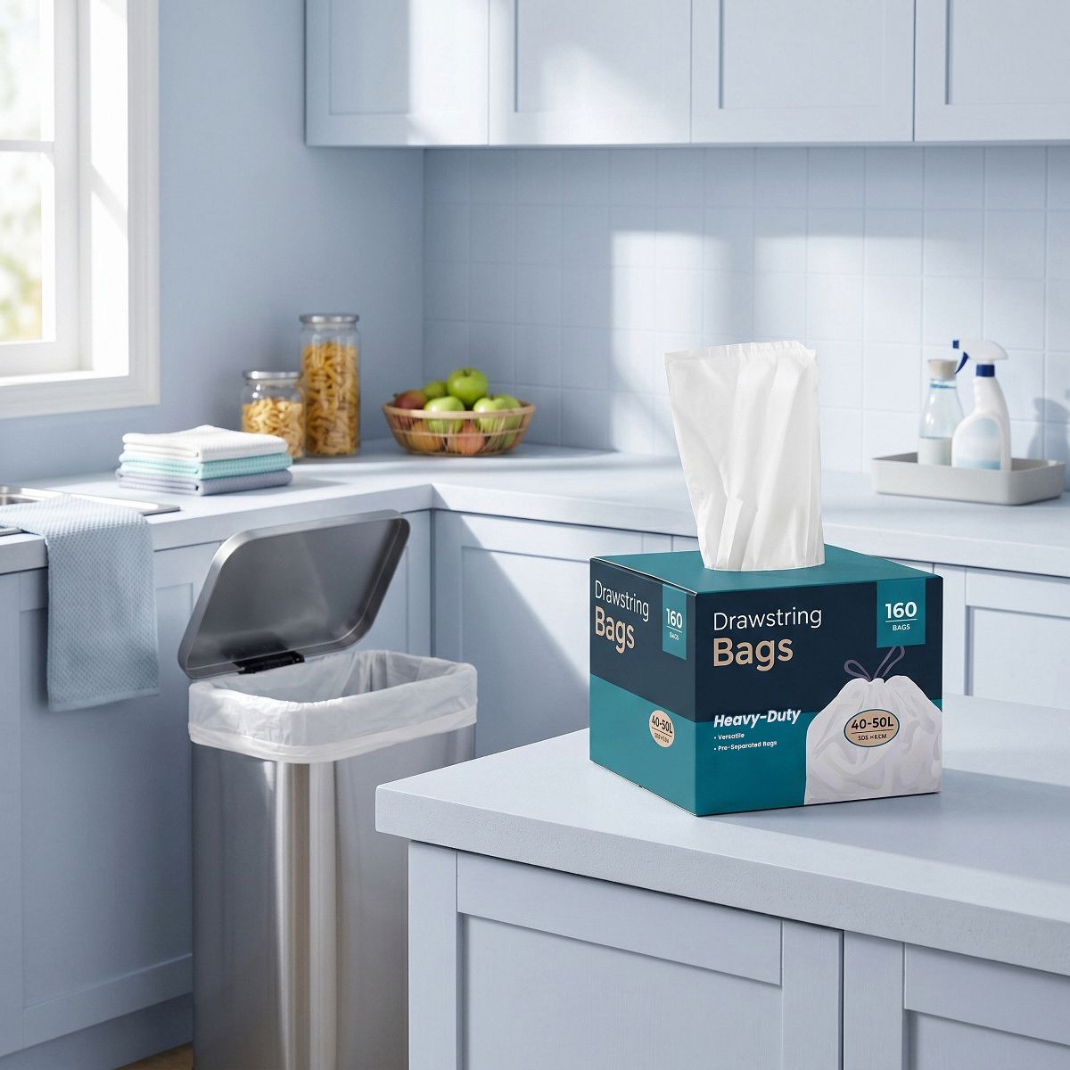 LEDREM Drawstring Tall Kitchen Trash Bags, 2 rolls, White
