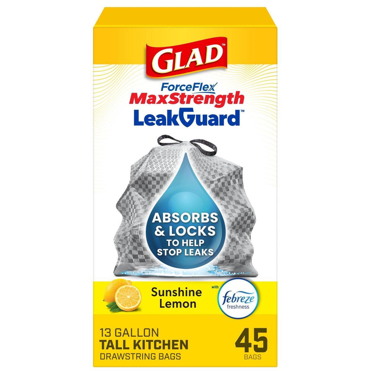 Glad 13 Gallon ForceFlex MaxStrength Drawstring Trash Bags, 45 Count, Sunshine Lemon
