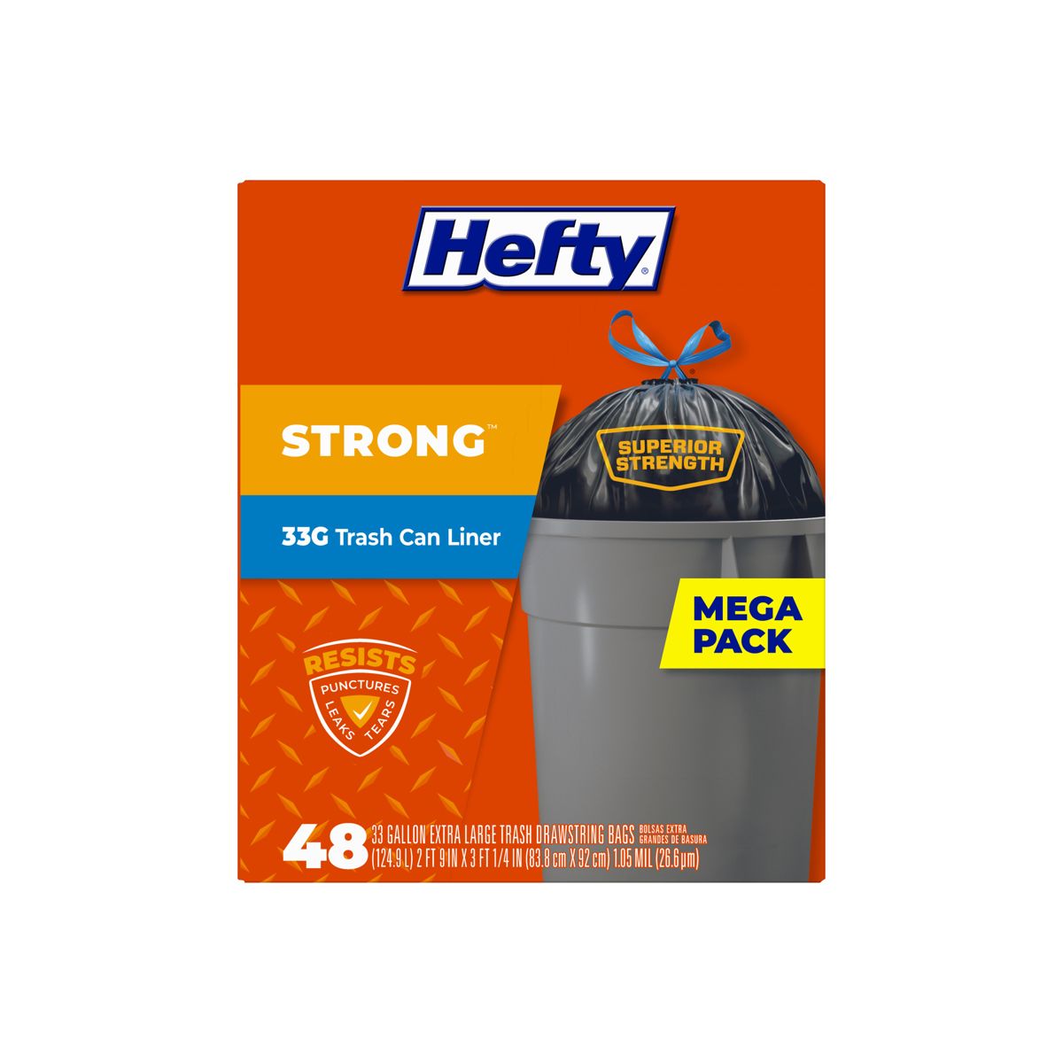 Hefty 33 Gallon Drawstring Trash Bags, 48 Bags per Inner Pack, 1.05 mil