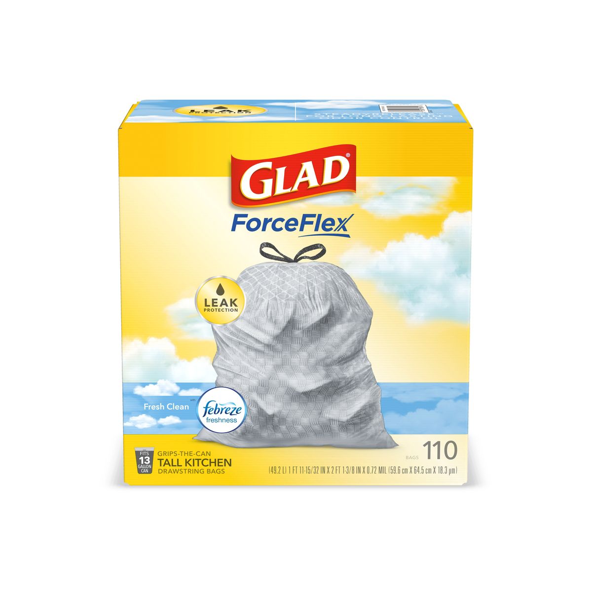 Glad 13 Gallon ForceFlex Drawstring Tall Kitchen Trash Bags, Fresh Scent, 0.72 mil