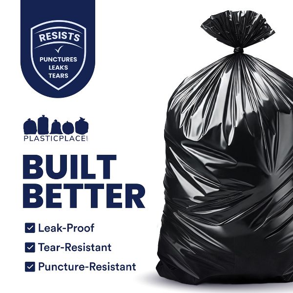 Plasticplace 65 Gallon Trash Bags, 25 Count, Black, 50 x 48 in, 2.7 mil