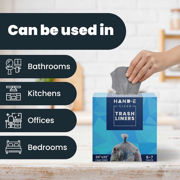Hand-E 7-10 Gallon Large Trash Bags, 50 Count, Gray, Clear, 22 microns