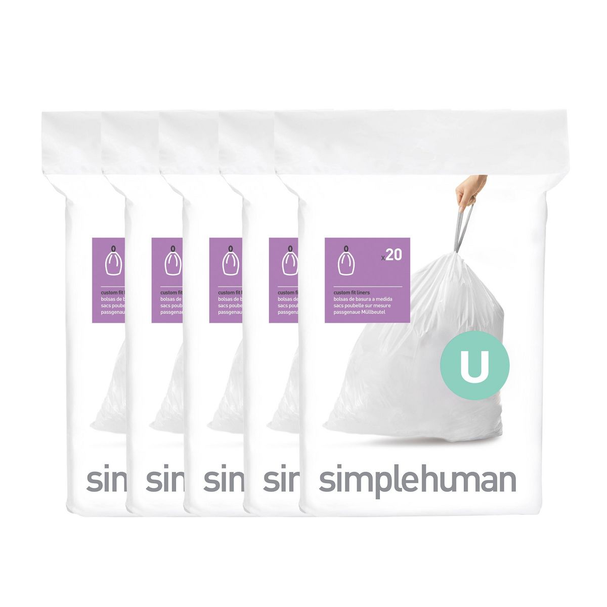 simplehuman 50-80 L Drawstring Tall Kitchen Trash Bags, Code U, 100 Count, White