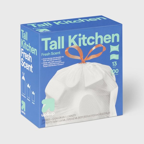 up&up 13 Gallon Drawstring Tall Kitchen Trash Bags, 100 Count, Fresh Scent