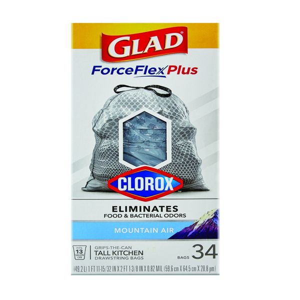 Glad 13 Gallon ForceFlex Plus Drawstring Tall Kitchen Trash Bags, Mountain Air, 0.82 mil