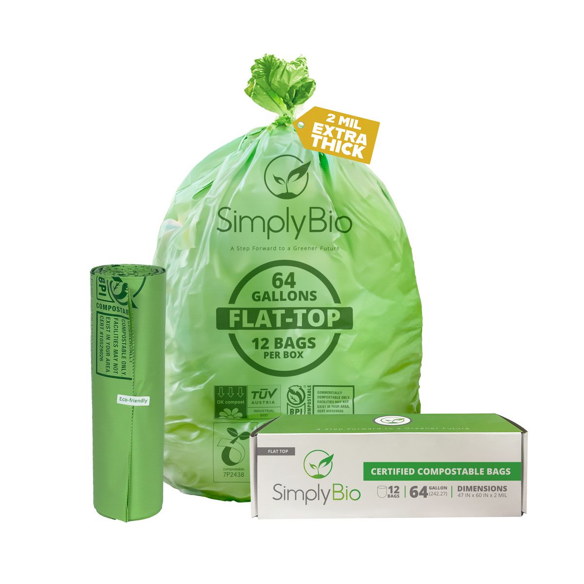 Simply Bio 64 Gallon / 242.27 L Flat-Top Heavy-Duty Compostable Trash Bags, 12 Count, 2 mil