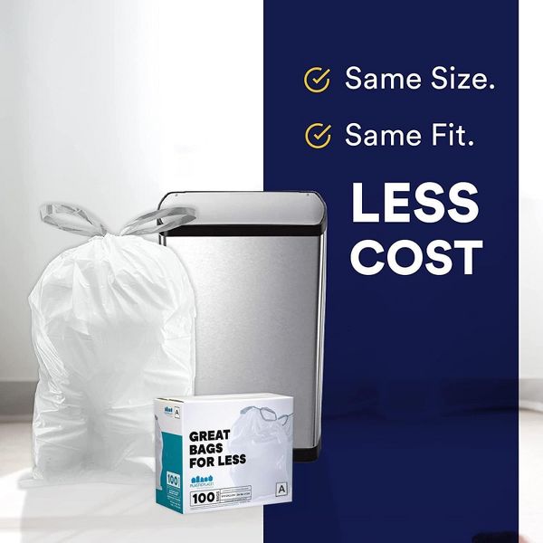 Plasticplace 1.2 Gallon Drawstring Trash Bags, Compatible with simplehuman Code A, 100 Count