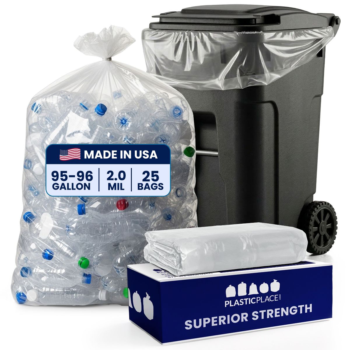 Plasticplace 95-96 Gallon Heavy-Duty Trash Bags, 25 Count, Clear, 61 x 68 in, 2 mil