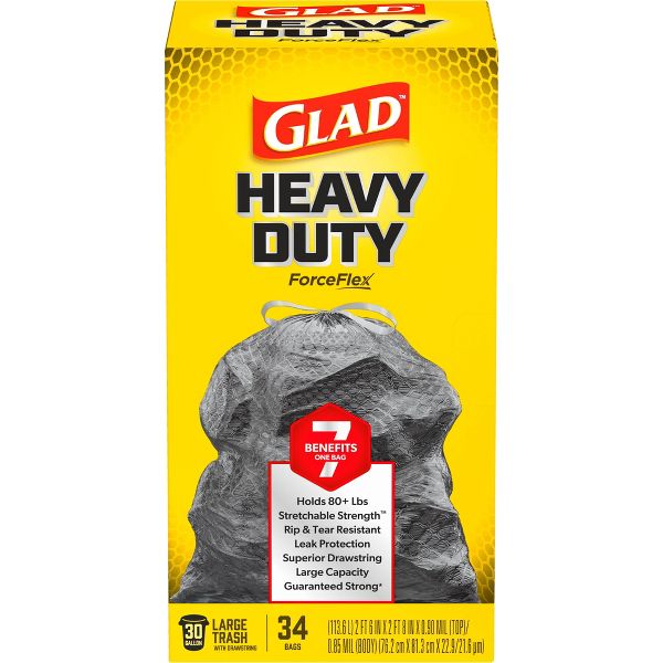 Glad 30 Gallon ForceFlex Drawstring Large Trash Bags, 34 Count, Black