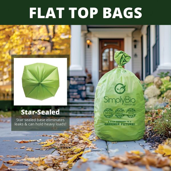 Simply Bio Compostable Flat-Top Trash Can Liners, 60 Count, Green, 1.57 mil