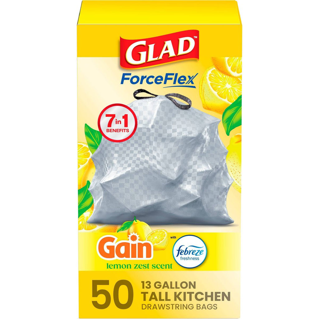 Glad 13 Gallon ForceFlex Drawstring Trash Bags, 50 Count, Lemon