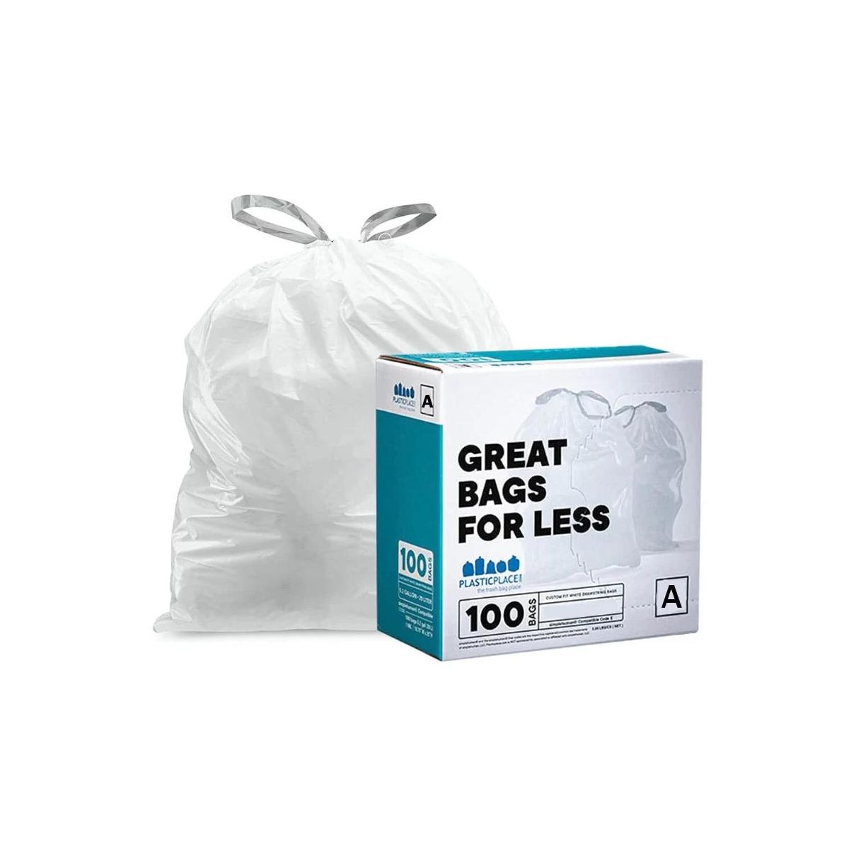 Plasticplace 1.2 Gallon Drawstring Trash Bags, Compatible with simplehuman Code A, 100 Count