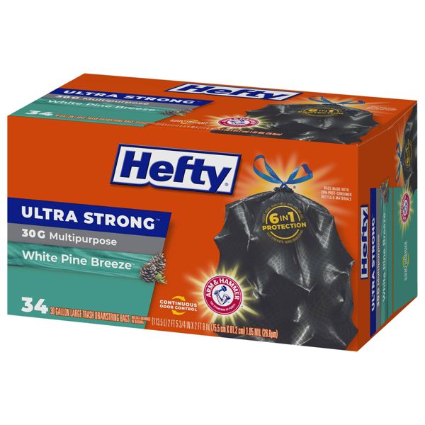 Hefty 30 Gallon Drawstring Large Trash Bags, 34 Count, White Pine Breeze, Black