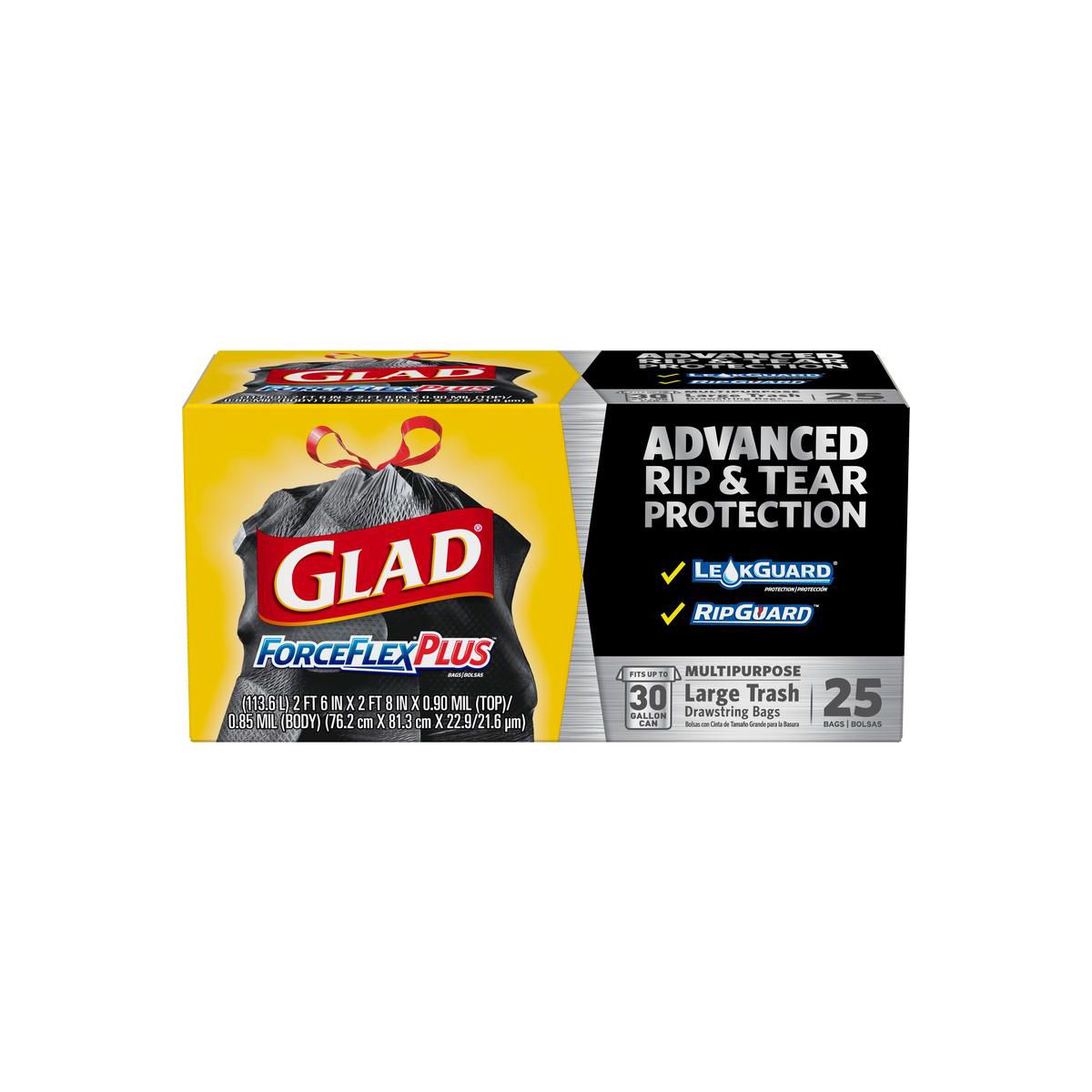 Glad 30 Gallon ForceFlex Plus Drawstring Trash Bags, 0.9 mil