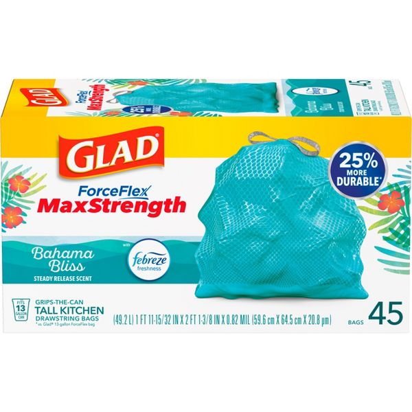 Glad 13 Gallon ForceFlex MaxStrength Drawstring Trash Bags, 45 Count, Bahama Bliss, Febreze