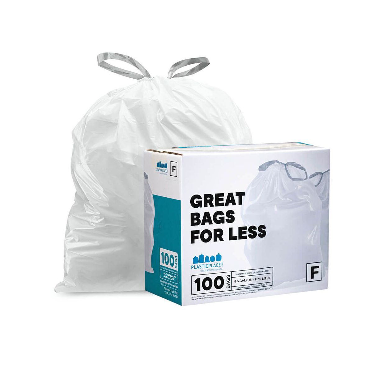 Plasticplace 6.5 Gallon Drawstring Trash Bags, Compatible with simplehuman Code F, 100 Count