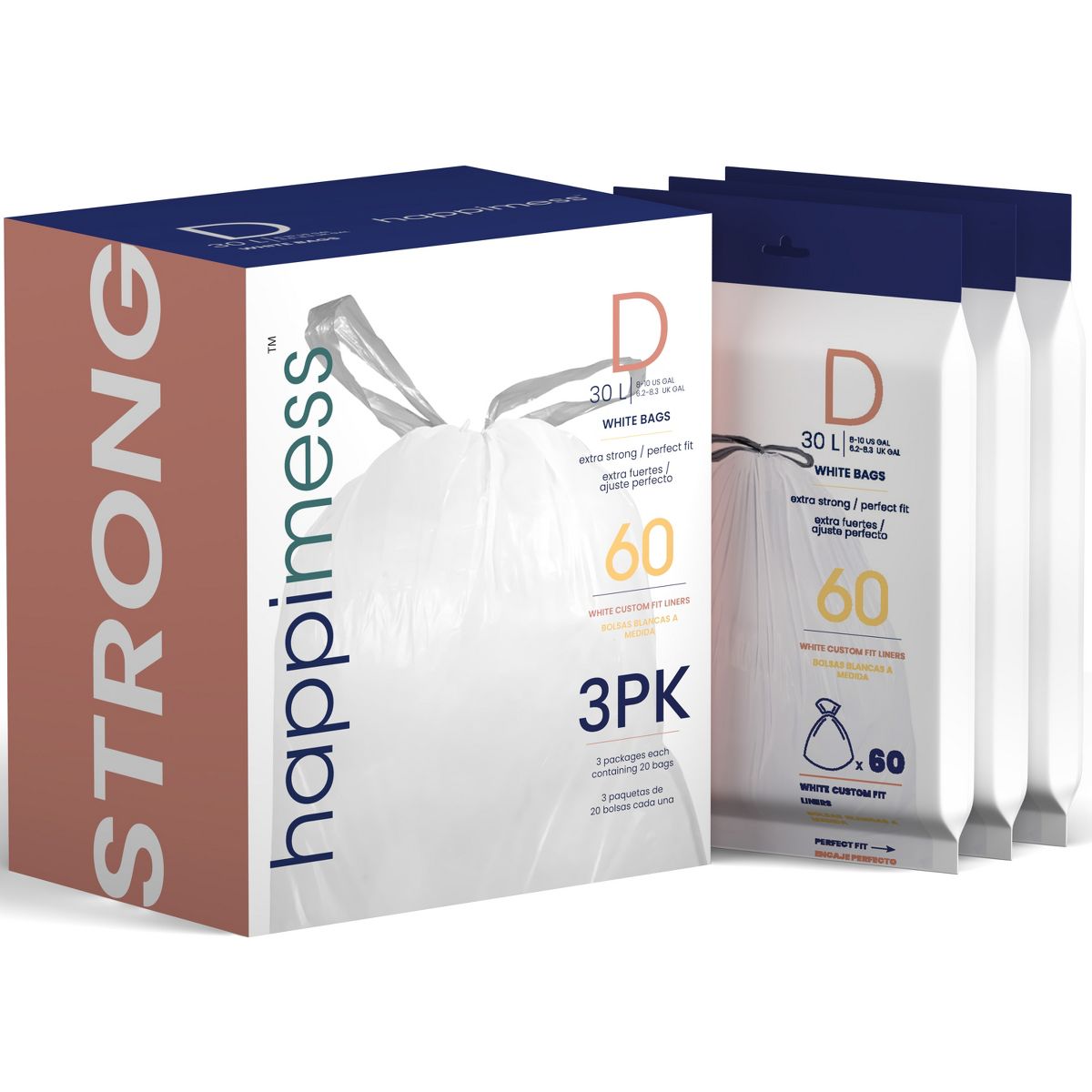 happimess 8 Gallon / 30 L Drawstring Trash Bags, 60 Count, per pack: 20 bags, Unscented, White