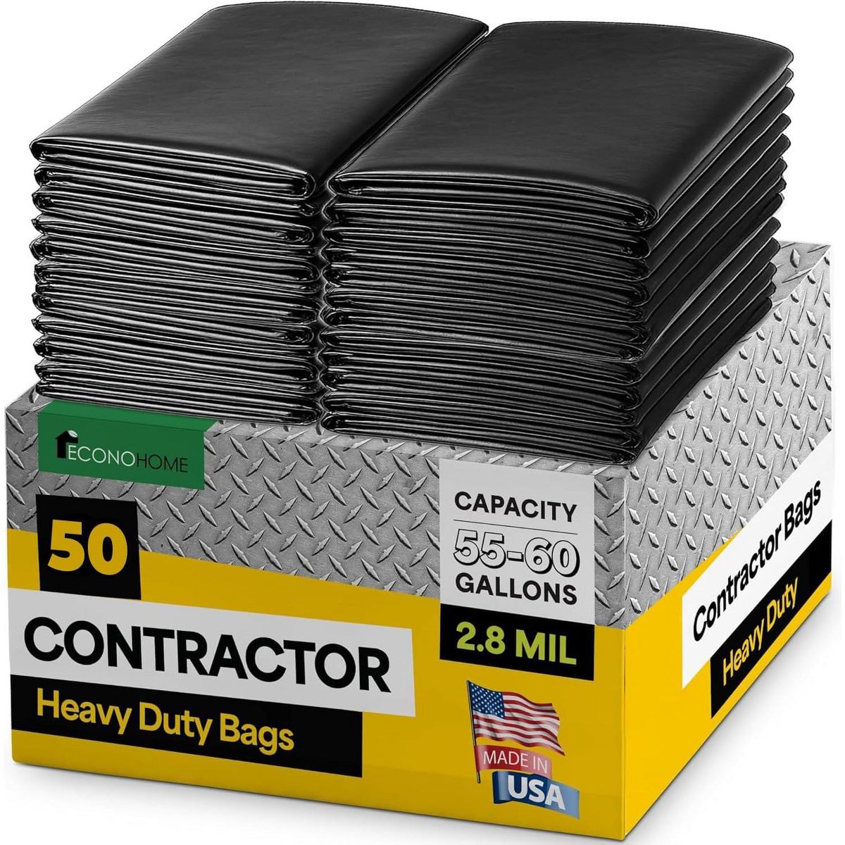EconoHome 55-60 Gallon Heavy-Duty Contractor Trash Bags, 50 Count, 38 x 53 in, 2.8 mil