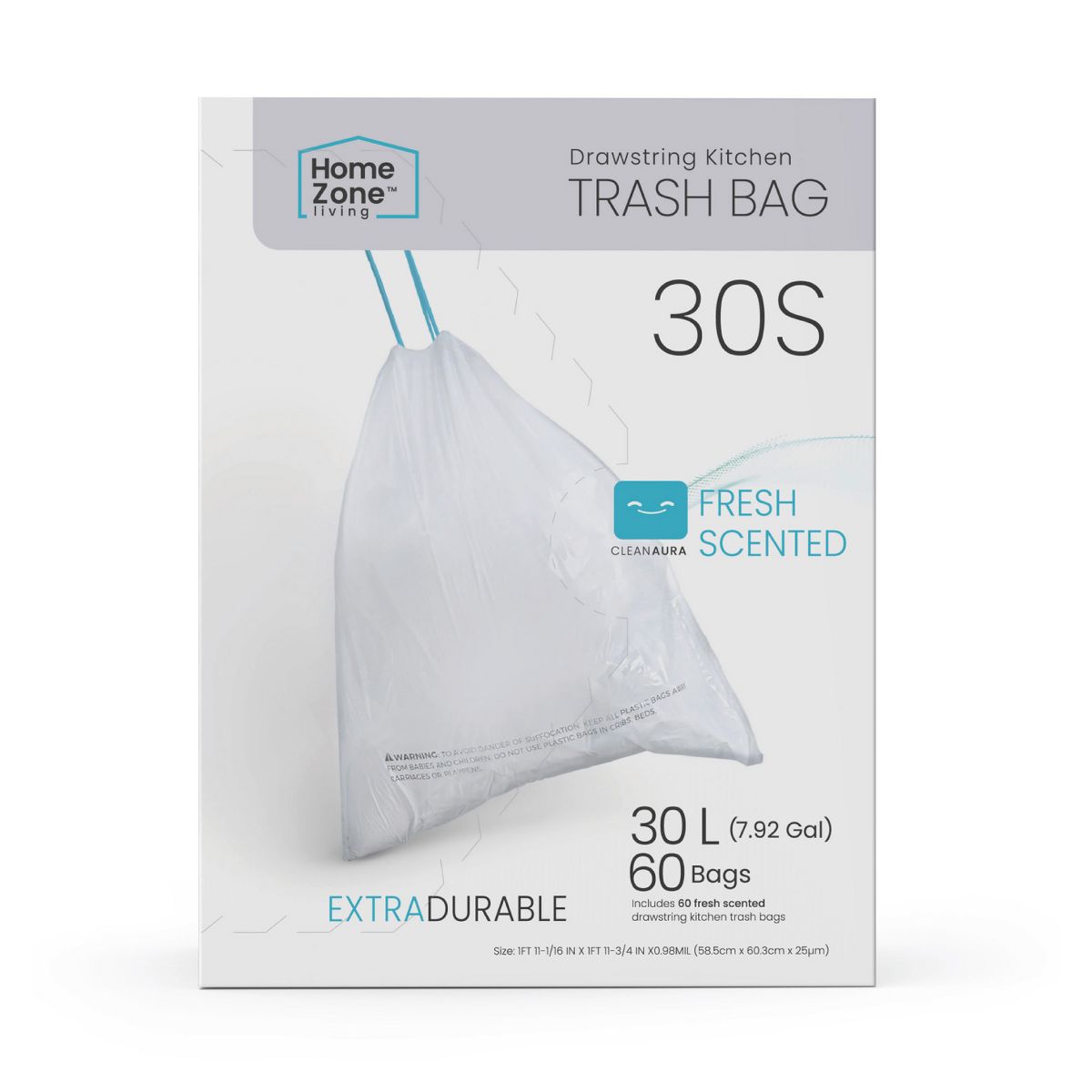 Home Zone Living 8 Gallon Drawstring Tall Kitchen Trash Bags, Code 30S, 60 Count
