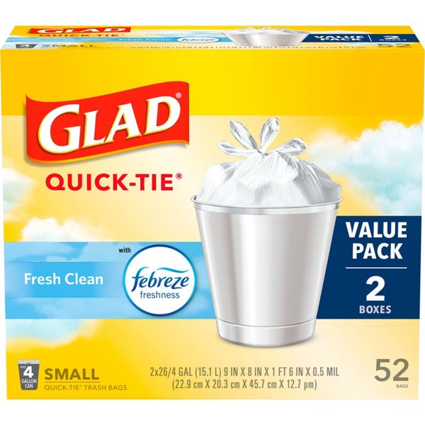 Glad 4 Gallon Small Trash Bags, 52 Count, White