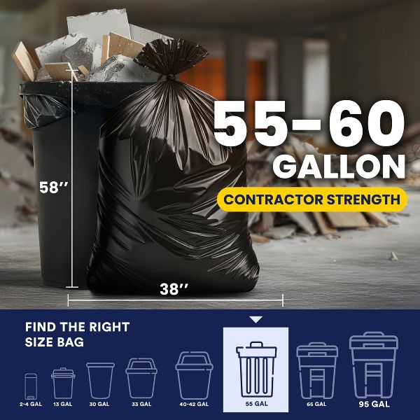Plasticplace 55-60 Gallon Contractor Trash Bags, 32 Count, Black, 38 x 58 in, 3.0 mil