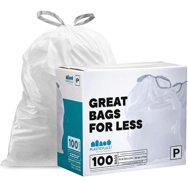 Plasticplace 13-16 Gallon Drawstring Trash Bags, Compatible with simplehuman Code P, 100 Count, White, 23.75 x 31.5 in