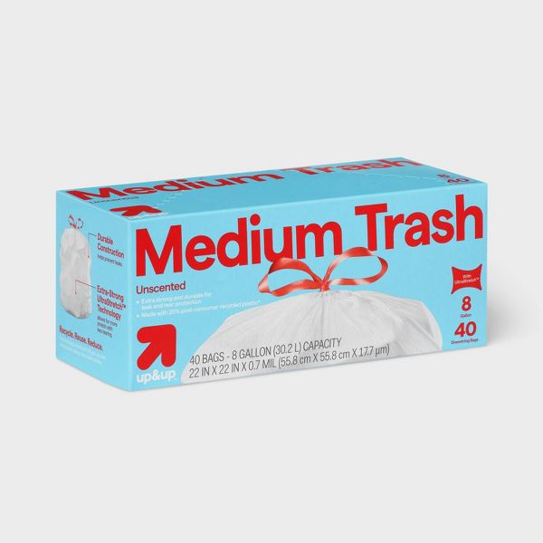 up&up 8 Gallon Drawstring Medium Trash Bags, 40 Count, Unscented