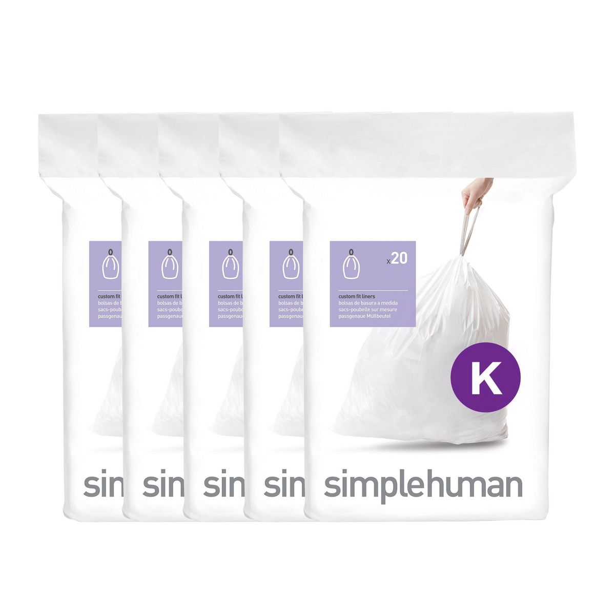 simplehuman 35-45 L Code K Custom-Fit Drawstring Trash Bags, 100 Count (5 Packs of 20), White