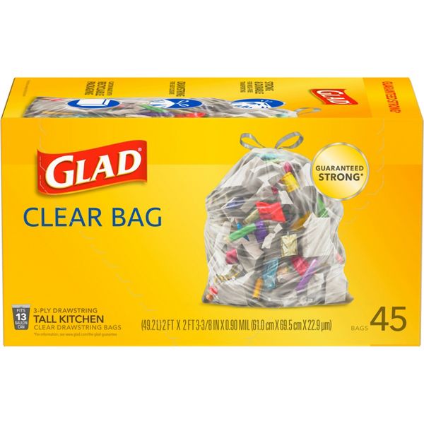 Glad 13 Gallon Drawstring Tall Kitchen Trash Bags, 45 Count, Clear
