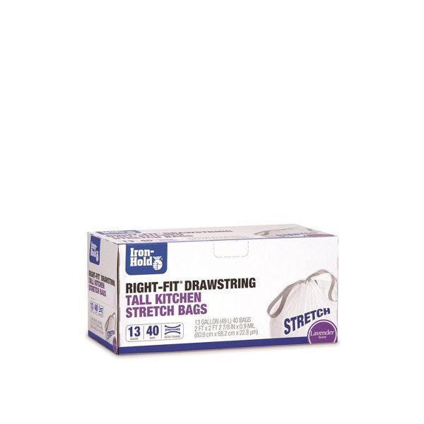Iron-Hold 13 Gallon Right-Fit Drawstring Tall Kitchen Trash Bags, Lavender, 0.9 mil