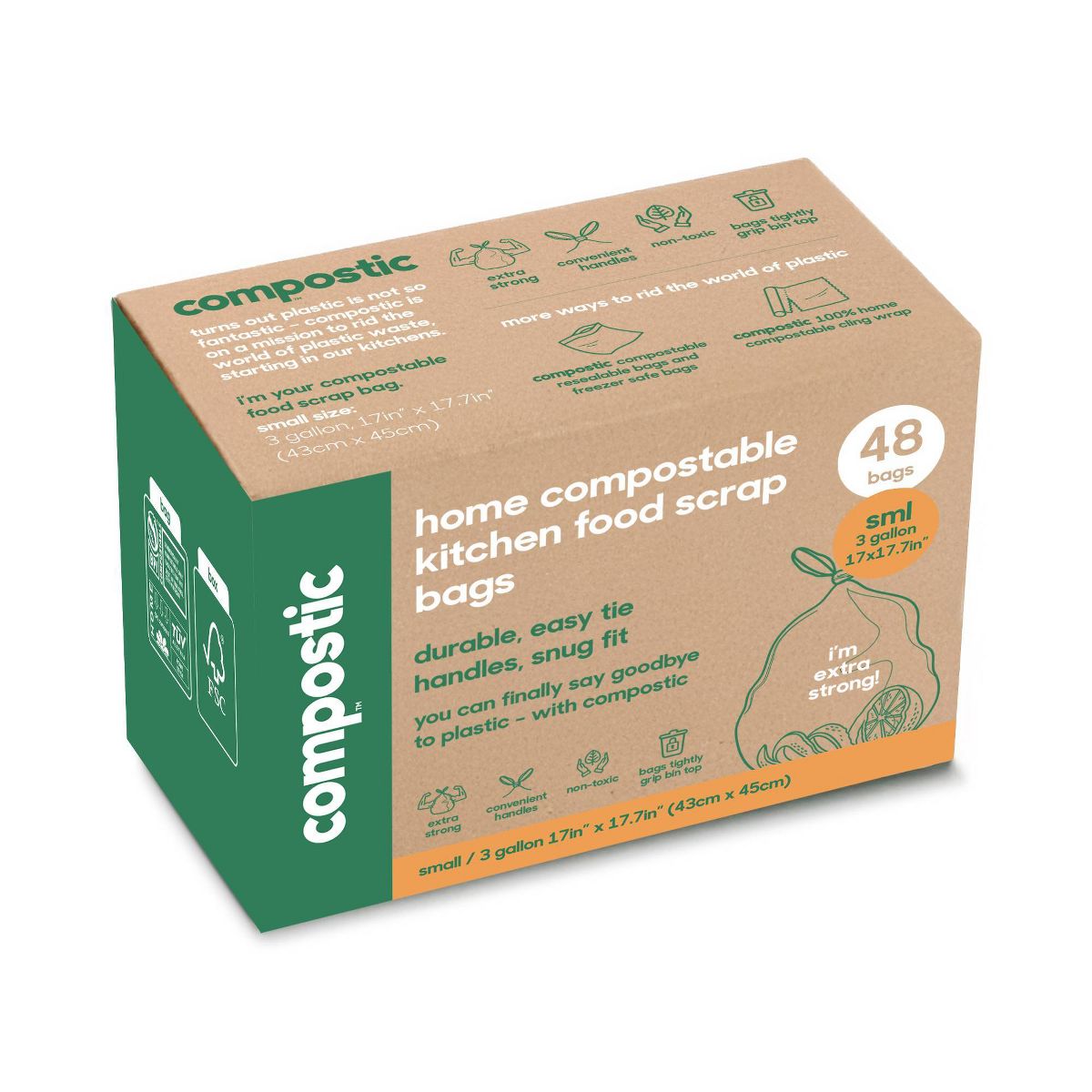 Compostic 3 Gallon Compostable Trash Bags, 48 Count