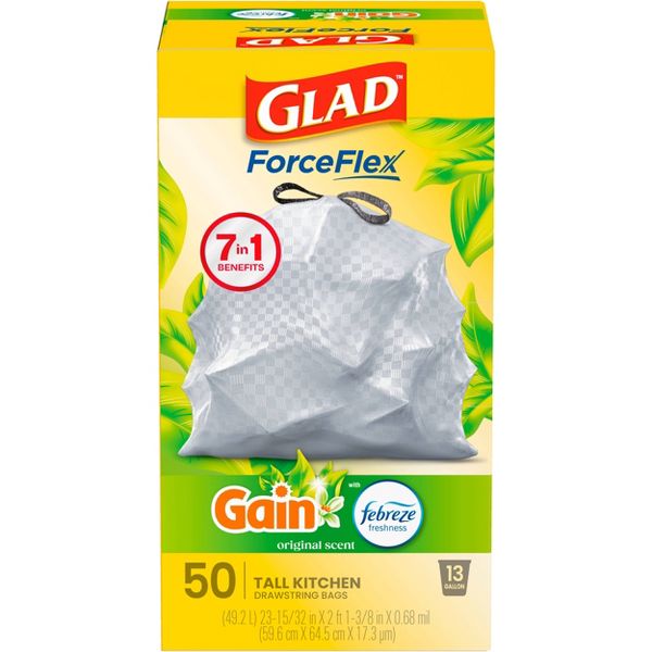 Glad 13 Gallon Drawstring Tall Kitchen Trash Bags, 50 Count, Gain Original, Febreze