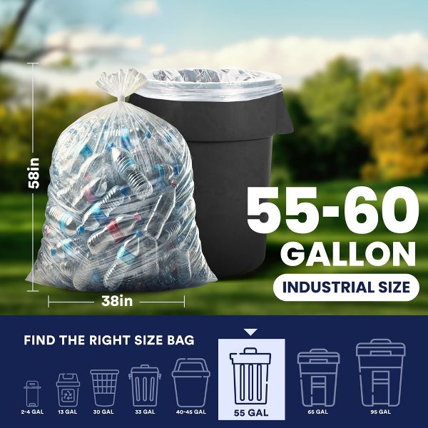 Plasticplace 55-60 Gallon Trash Bags, 50 Count, Clear, 38 x 58 in, 1.5 mil