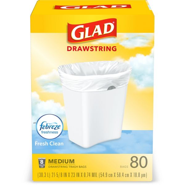 Glad 8 Gallon Drawstring Medium Trash Bags, 80 Count, Fresh Clean